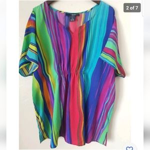 Denim 24/7 Plus Size 20W Striped Tunic Art to Wear Elastic Tab Waist Short Sleev